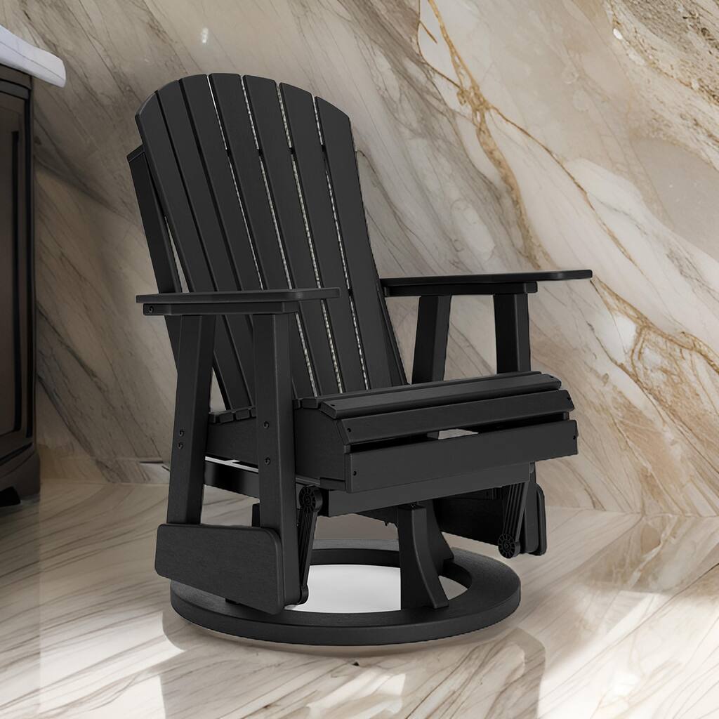 Sami 31 Inch Outdoor Swivel Glider Chair, Slatted, Adirondack, Black Finish