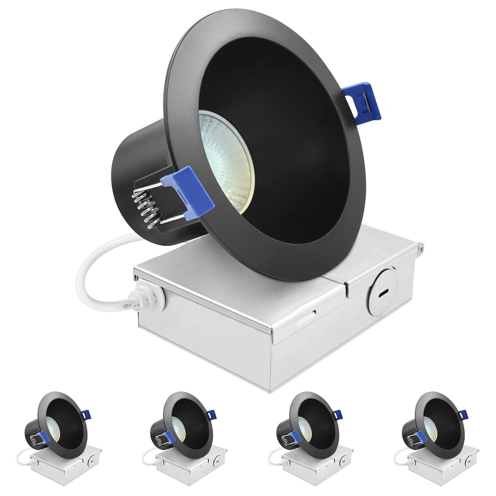 Luxrite 4 in. LED Recessed Ceiling Light J-Box 12W 5CCT 960 Lumens Wet Rated IC Rated ETL Black 4 Pack