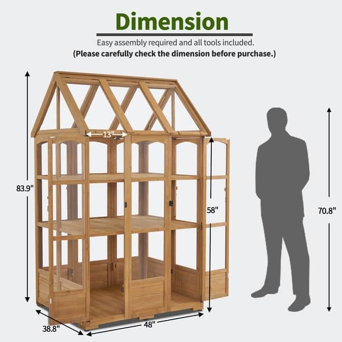 MCombo Wooden Greenhouse, Outdoor Greenhouse with Adjustable Roof Vent and 8 Lockable Door, 48" x 38.8" x 83.9" , 0851