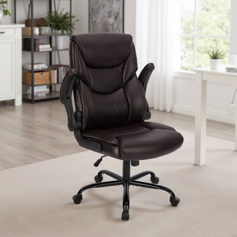 Ergonomic PU Leather Seat High Back Heavy Duty Office Executive Chair with Flip-up Arms - Brown