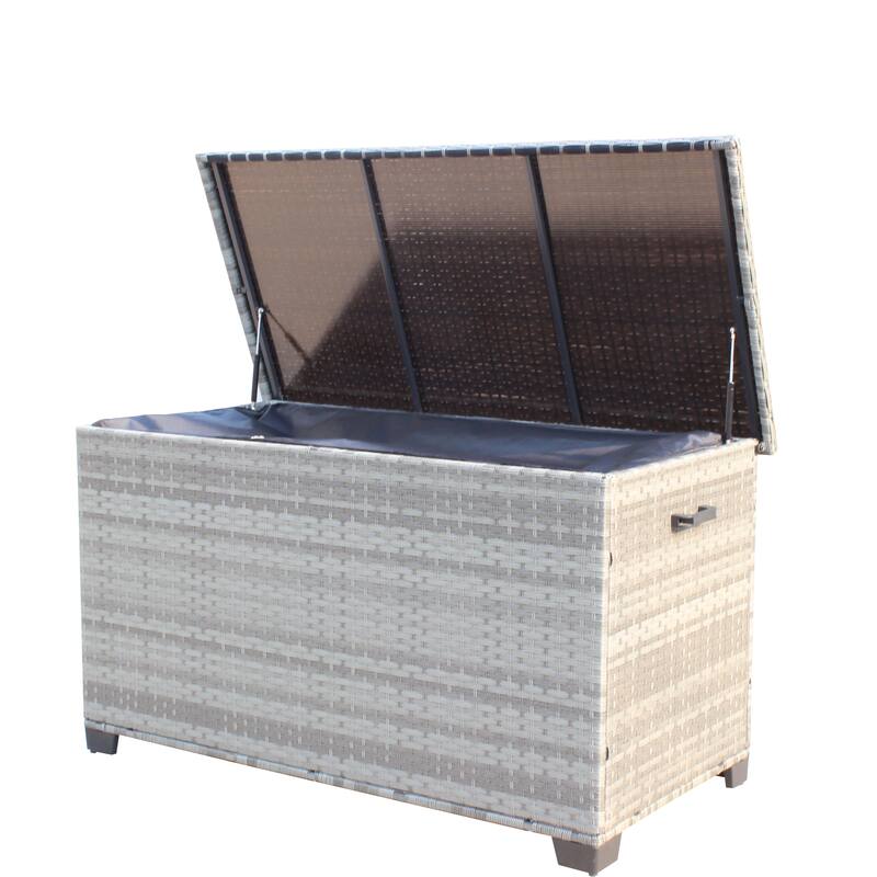 ​​Gray Modern Wicker Storage Box with Zippered Liner, 4 Wooden Legs and Lid for Patio Poolside and Garden