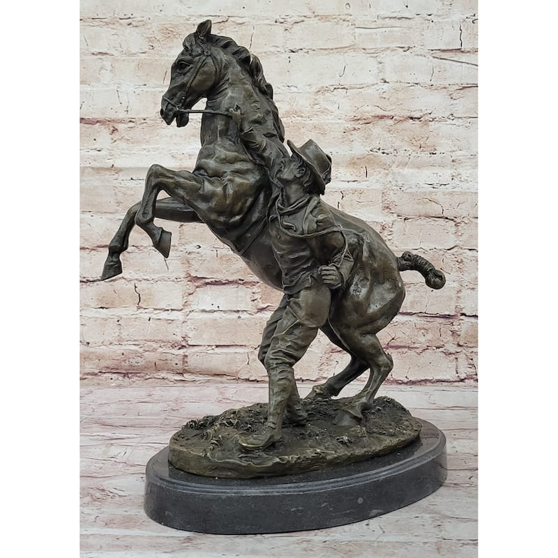 Bronze Sculpture Of Cowboy Taming A Rearing Horse – Western Art