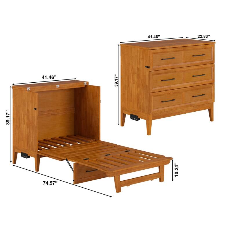 Twin Murphy Bed with Storage Chest & Charger - Solid Wood Folding Bed - Space Saving Furniture