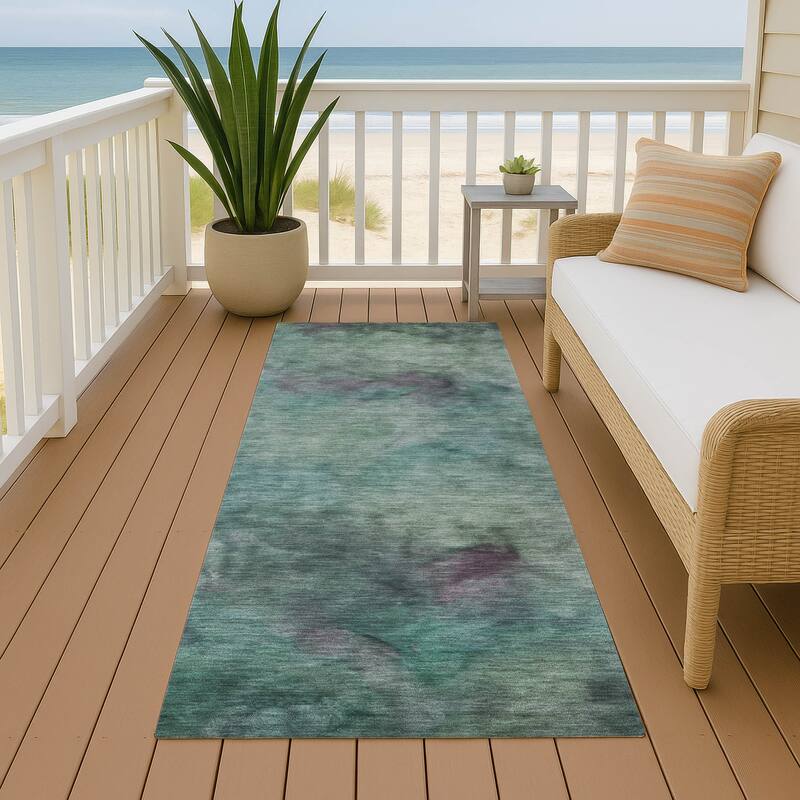 Machine Washable Indoor/ Outdoor Abstract Contemporary Chantille Rug - Teal - 2'3" x 7'6"