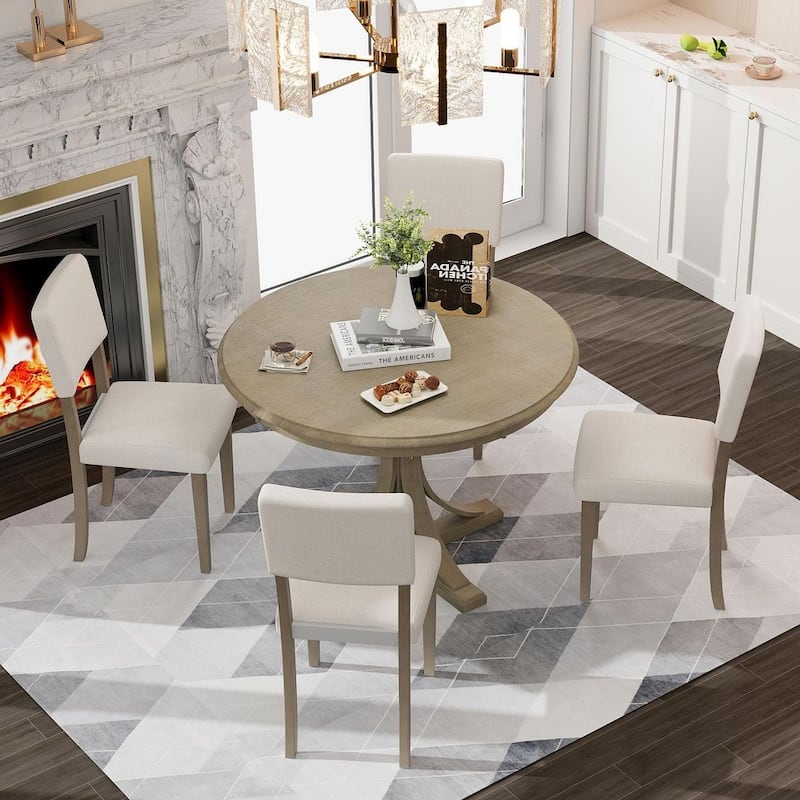 44" Round Dining Table with 4 Upholstered Chairs - Taupe