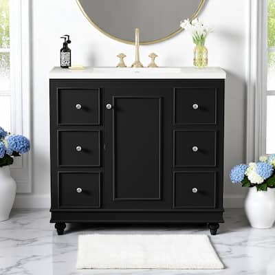 36" Black Bathroom Vanity with Resin Sink, 4 Drawers & 1 Cabinet Door, Adjustable Shelves, Modern Design