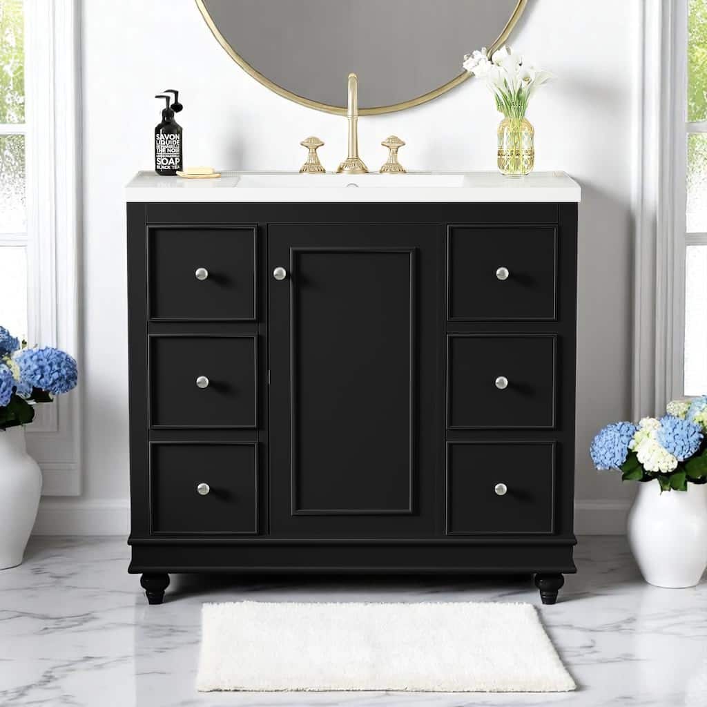 36" Black Bathroom Vanity with Resin Sink, 4 Drawers & 1 Cabinet Door, Adjustable Shelves, Modern Design