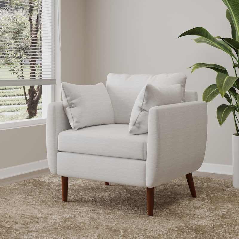 Roomfitters Modern Upholstered Accent Chair with Wood Legs and 2 Pillows, Wide Armchair for Living Room, Beige