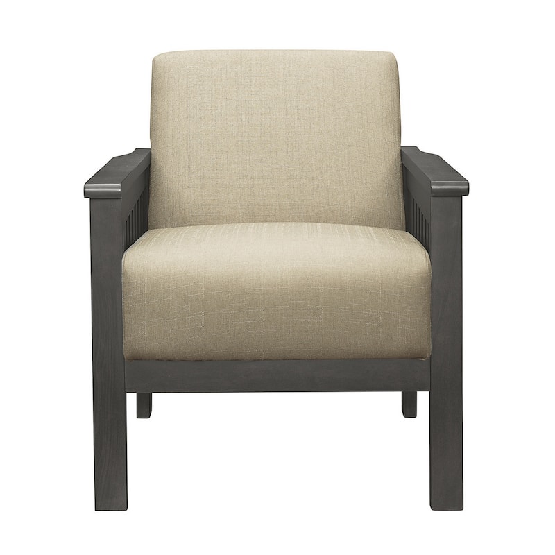 Wiston 31 Inch Accent Chair Armchair, Beige Polyester, Dark Gray Solid Wood