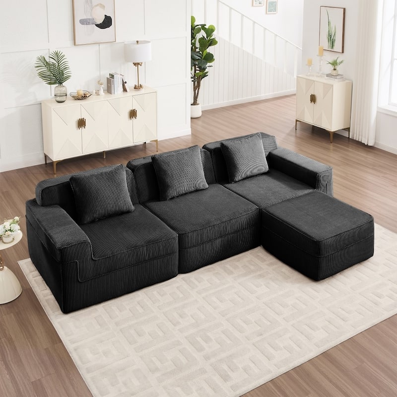 Modular L-shaped Deep Seat Boneless Cloud Sectional Sofa with Throw Pillows & Ottoman