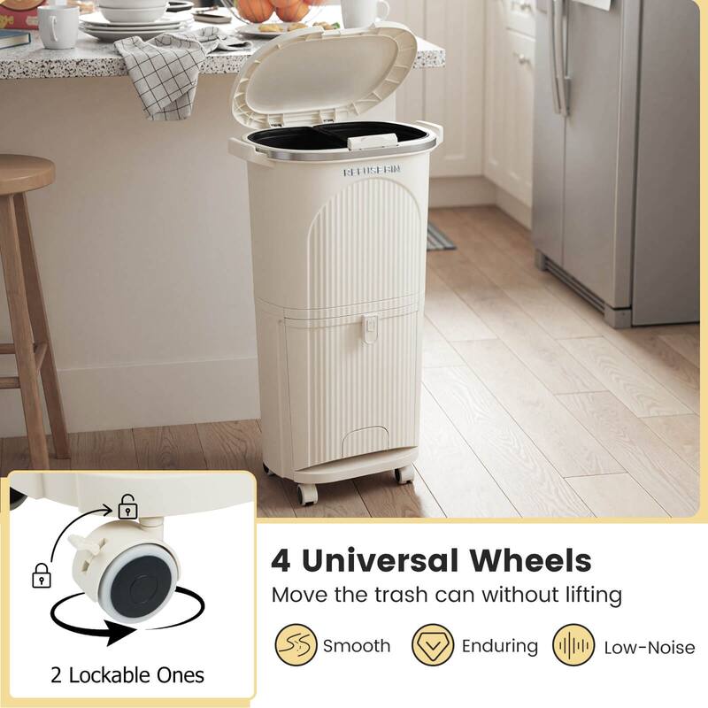 Costway 10 Gallon Kitchen Trash Can with Lid, 2 Removable Buckets, - Beige