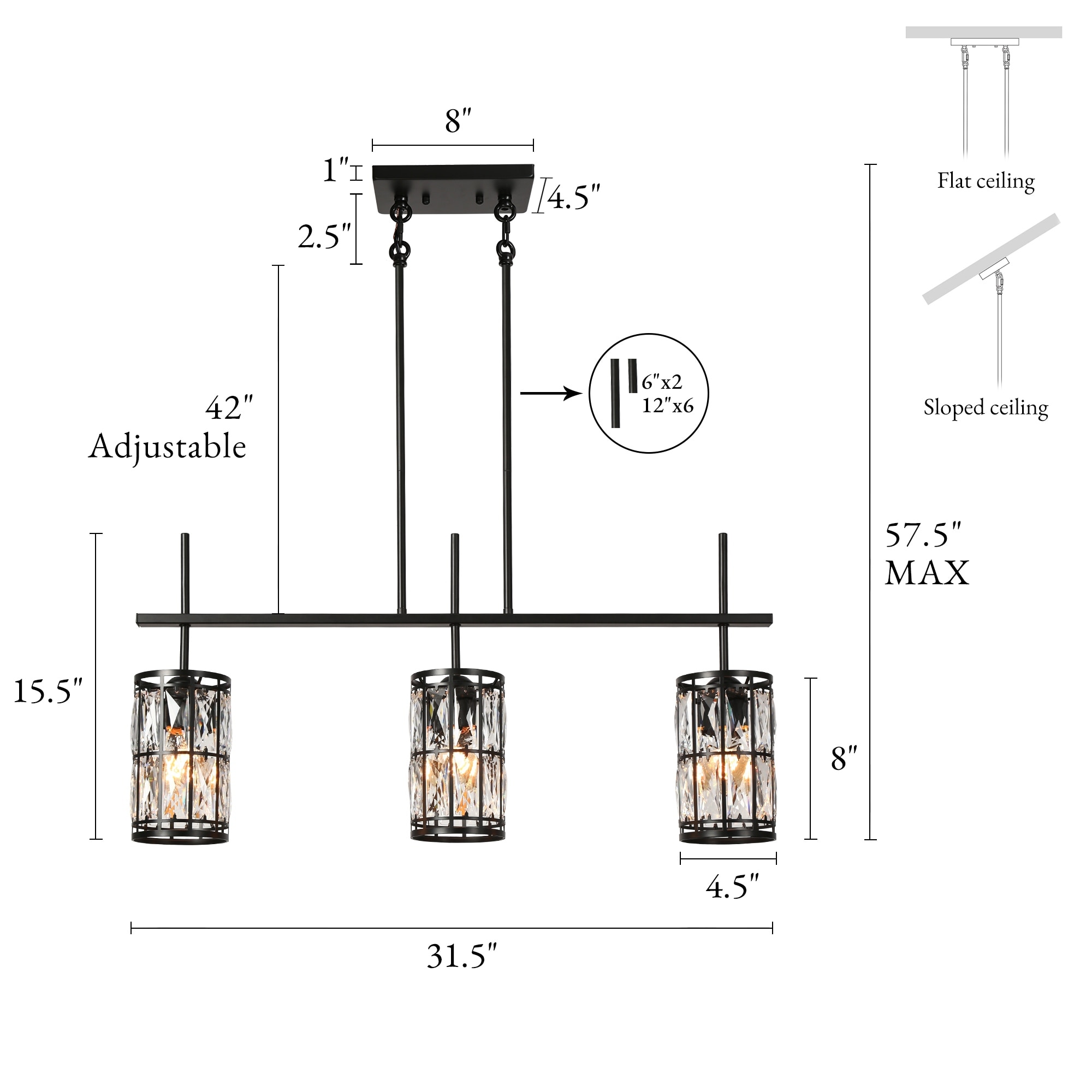 Aulia Modern 3-Light Crystal Chandelier Black Island Lights for