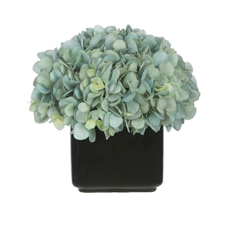 Faux Hydrangea in Small Black Cube Ceramic Vase