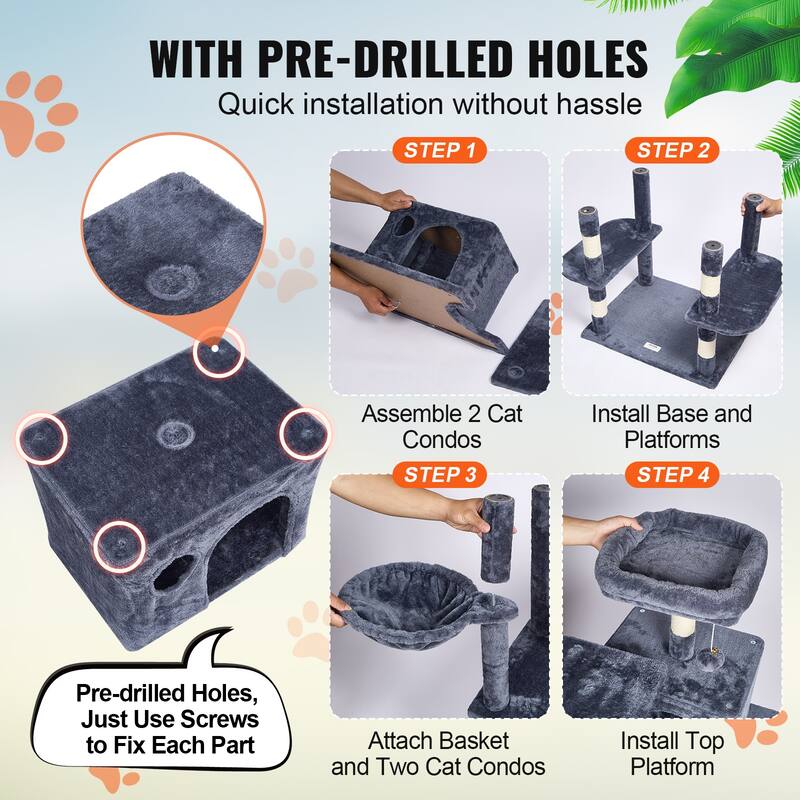 Cat Tree for Indoor Cats, 68.5" Cat Tower with 2 Cat Condos, Large Cat Furniture Activity Center with Hang Ball
