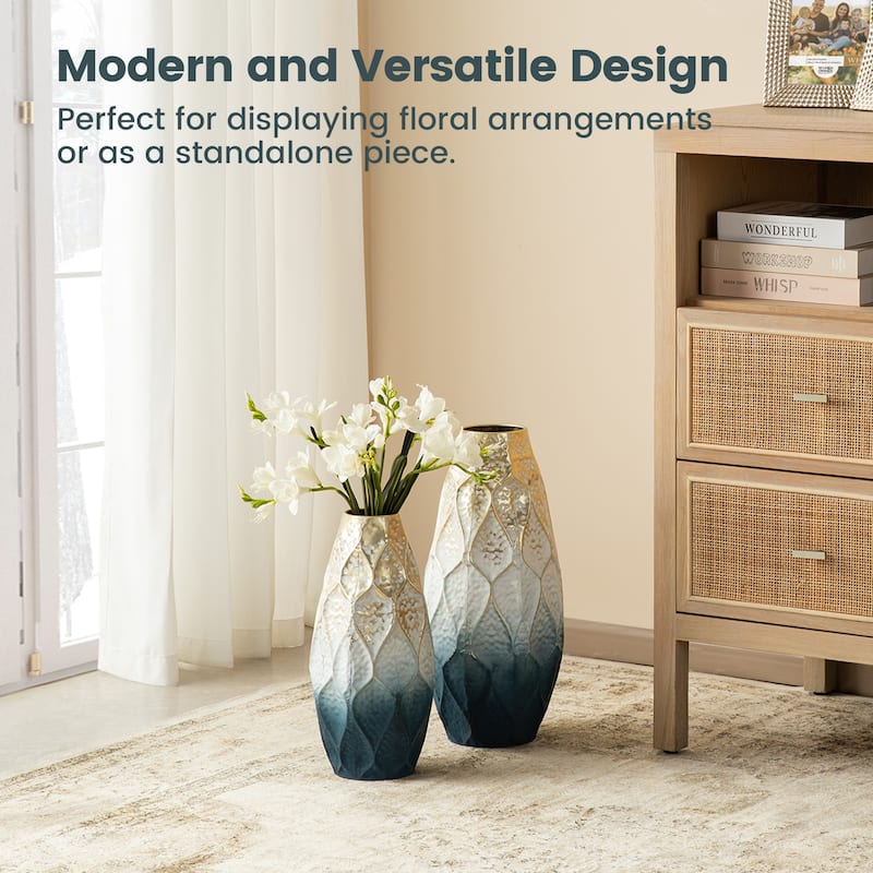 Glitzhome Set of 2 Abstract Ombre Blue and Gold Metal Vases