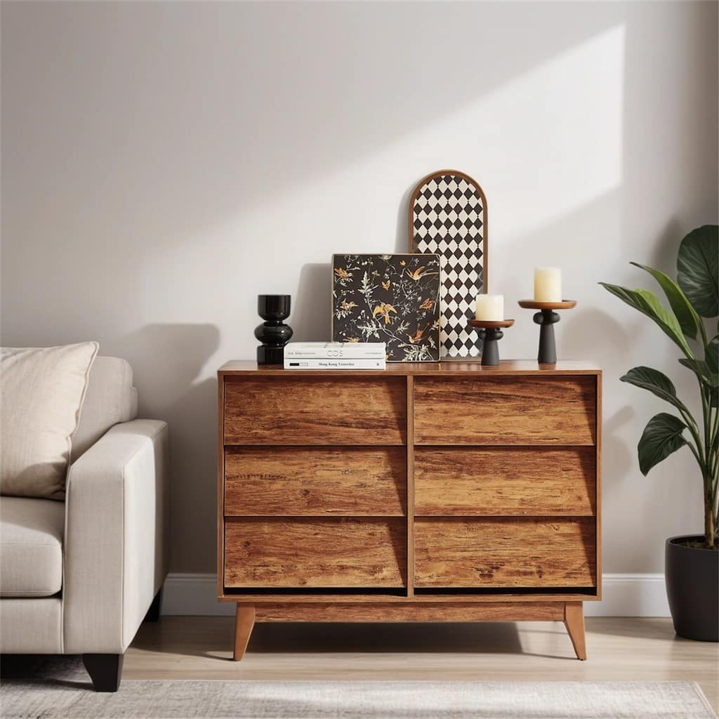 6 Drawer Double Dresser Features Vintage-Style and Bevel Design