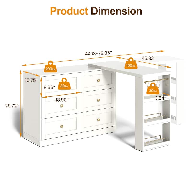 Extendable Makeup Vanity Desk with 6 Drawers