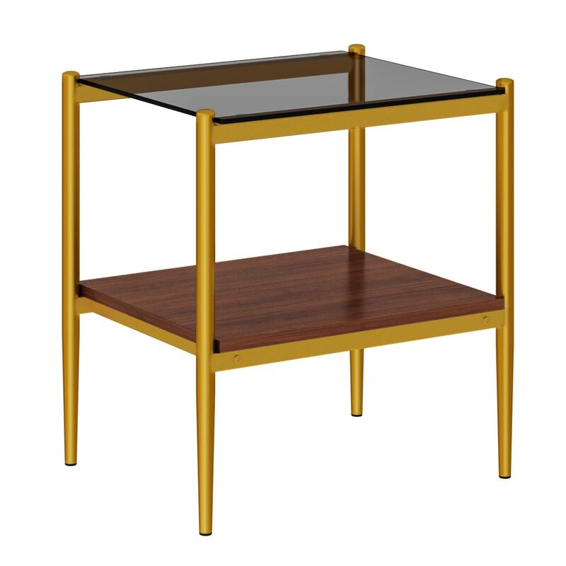 Set of 2 Rectangle End Table Tempered Glass Tabletop with MDF layer