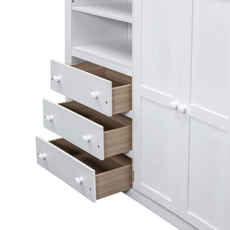 Full Size Loft Bed with Wardrobe, Desk, Storage Shelves, and Drawers