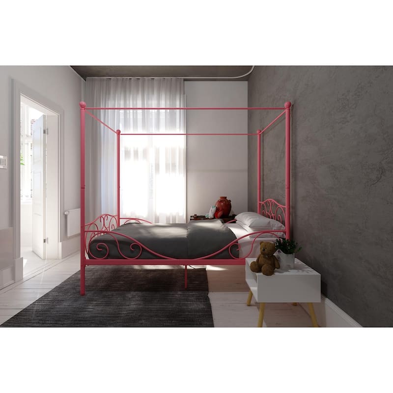 Whimsical Heart-Design Canopy Metal Bed with Slat Support System