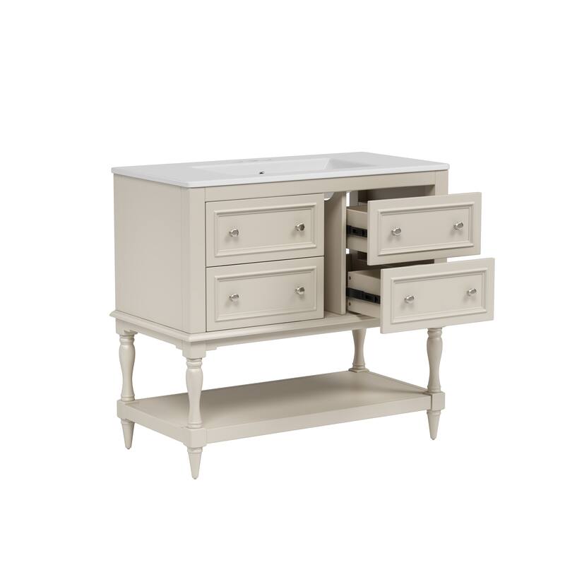 Roomfitters 36" Vanity with Undermount Ceramic Sink, Solid Wood Cabinet with 4 Drawers, Freestanding Bathroom Set