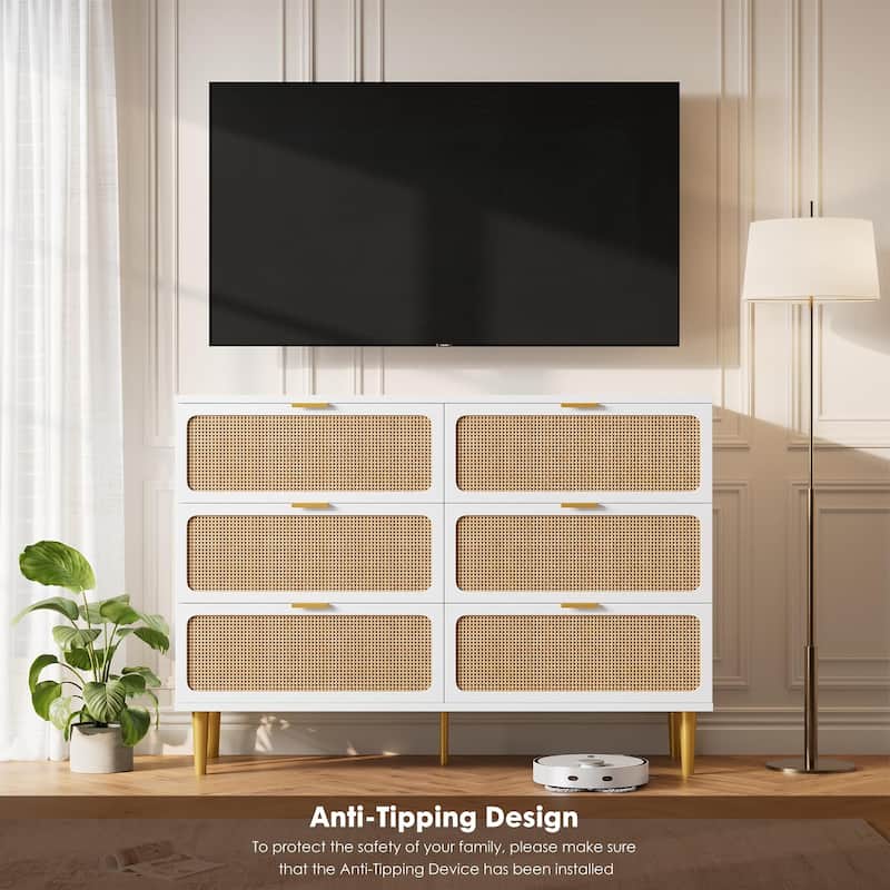 Rattan 6 Drawer Dresser for Bedroom, Large Double Dresser with Deep Drawers, Wooden Chest of Drawers for Closet with Wide Top