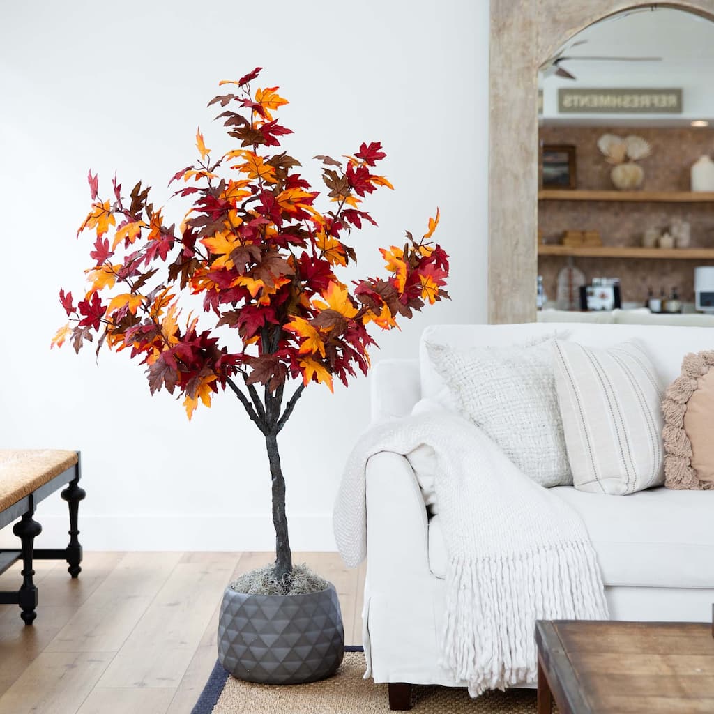 Potted Smoky Maple Artificial Tree - 5' - Orange and Red