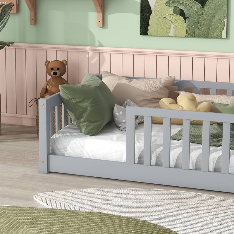 Montessori Twin Size Toddler Floor Bed with Fence without Door, Open-row Design Wood Frame Platform Bed with Safety Guardrails