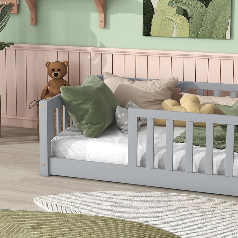 Twin Size Rubber Wood Floor Panel Bed with Safety Fence - No Door Version