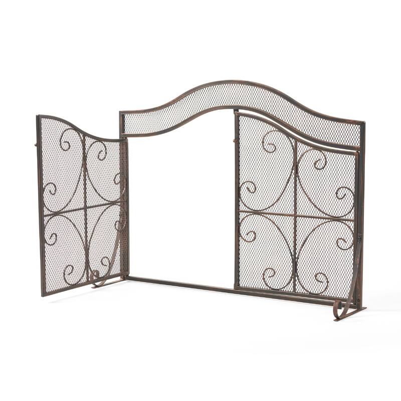 Fireplace Screen, 3 Panels 2 Doors, Black Copper Diamond Mesh Scrolled