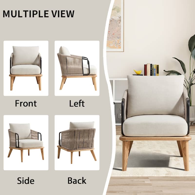 Living Room Casual Wooden Hand Braided Rope Armchair Rattan Chair for Living Room Apartment