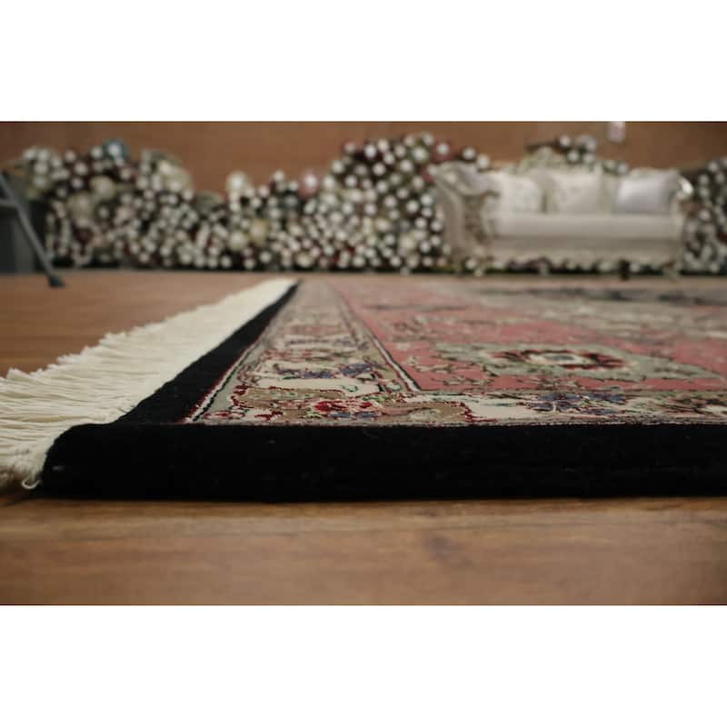Hand Knotted Oriental Wool & Silk Carpet Traditional Floral Black Tabriz Area Rug - 11' 9'' X 9' 1''