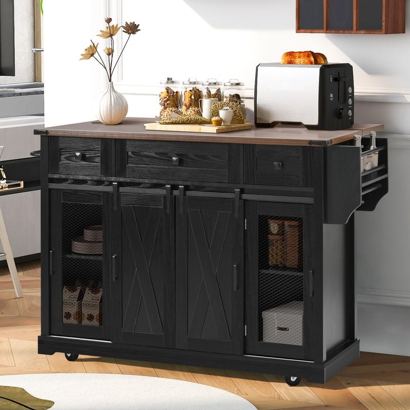 Farmhouse 58" Kitchen Island with Drop Leaf, Rolling Kitchen Island on 5 Wheels with Sliding Barn Door and Adjustable Shelves