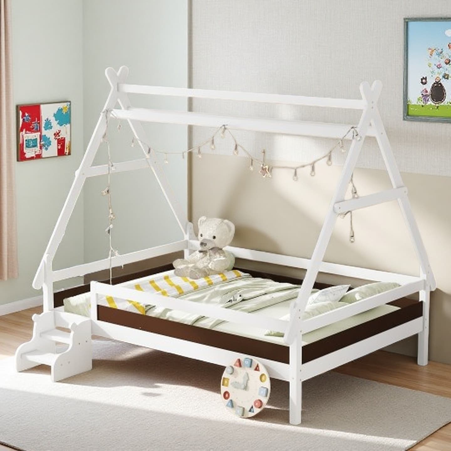Full House Platform Bed with Built-In Stairs, Solid Wood Twin Bed Frame for Kids, Low Profile House-Shaped Design