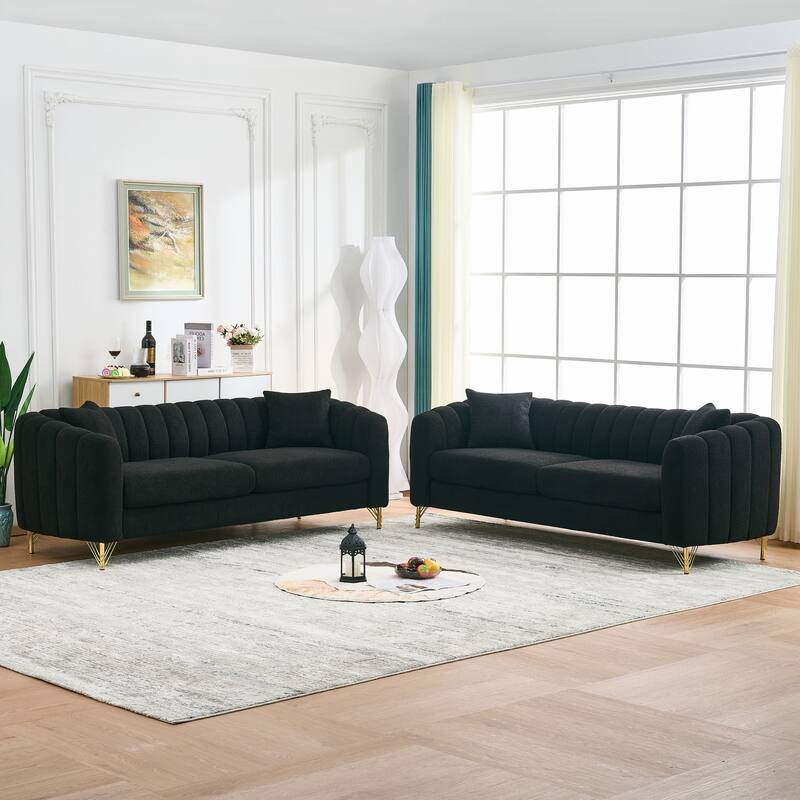 Roomfitters Two 85" Modern Teddy Fabric Sofa Set with Gold Legs, Channel Stitched 2-Piece Living Room Furniture Set - Black