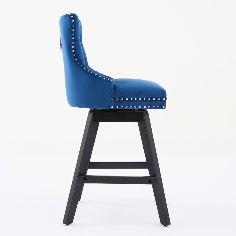 Set of 2 Swivel Velvet Bar Stools with Button Tufting, Wood Legs & Chrome Nailhead Trim - Blue