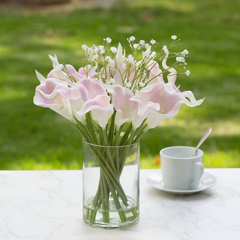Enova Home 18 Mixed Artificial Real Touch Lily Flower Arrangement in Clear Glass Vase with Faux Water for Home Wedding