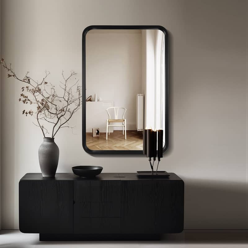 Round Corner Rectangle Farm Wall Mirror with Solid Wood Frame - 24" x 36" - Black