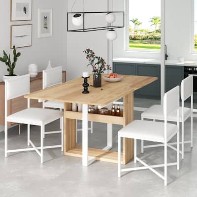 5-Piece Extendable Dining Table Set with Storage Rack and 4 PU Leather Upholstered Dining Chairs