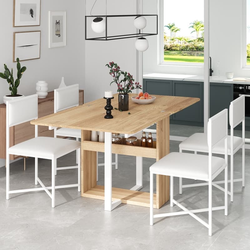 5-Piece Extendable Dining Table Set with Storage Rack and 4 PU Leather Upholstered Dining Chairs