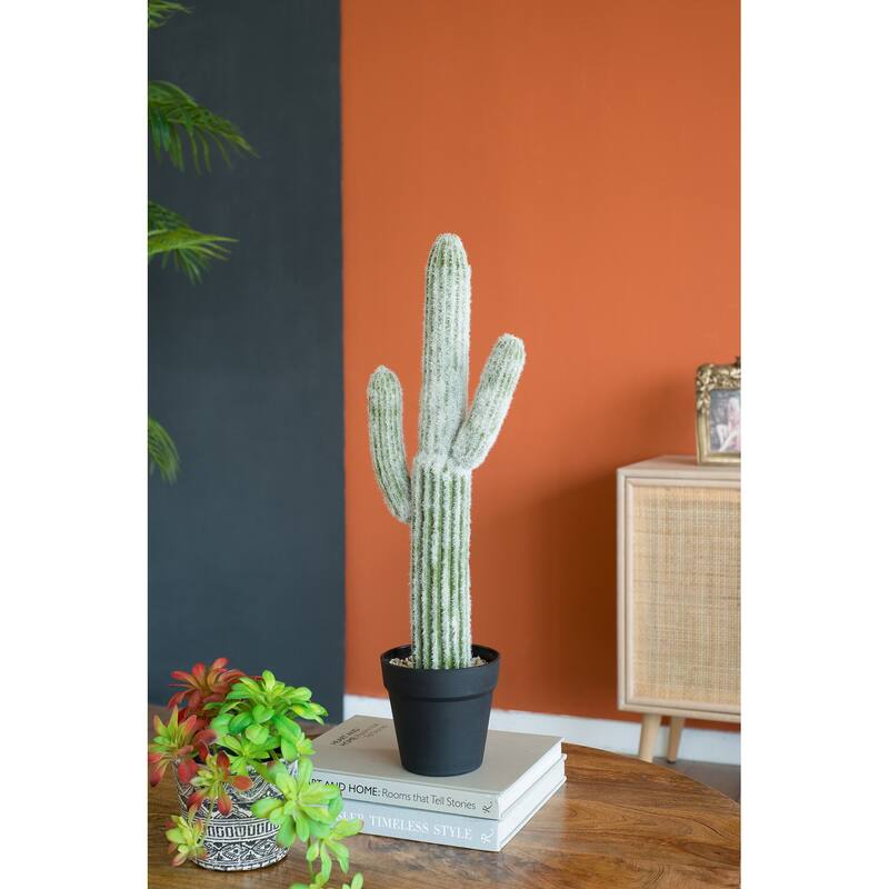 Artificial Saguaro Cactus in Black Pot 24.5 Inch Indoor Outdoor Desert Decor - Green