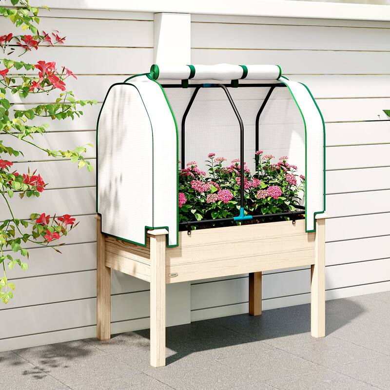 Outsunny Raised Garden Bed with PE Greenhouse Cover Outdoor Elevated Wood Planter Box , 35 x 22 x 47 inch