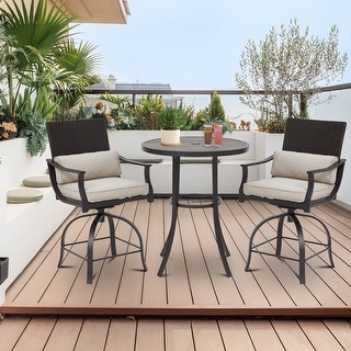 EROMMY Outdoor Bar Set, High Top Patio Table with 2 Swivel Bar Stools, Rattan Bistro Set for Backyard, Poolside, Garden