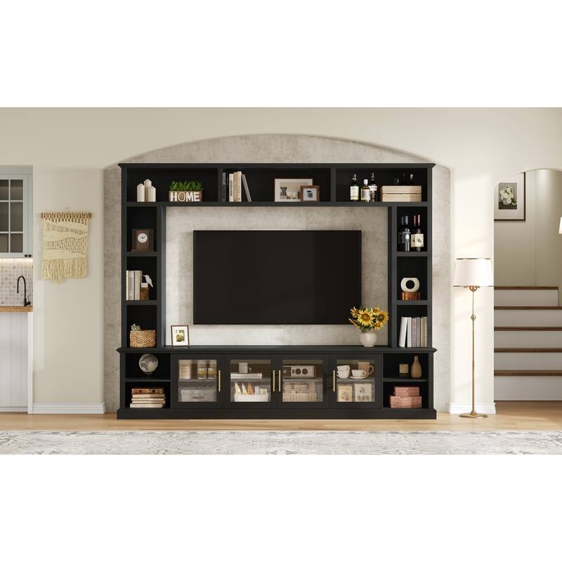 Wall Unit Entertainment Center for TVs up to 80", All-in-One TV Stand with Bookshelves, Glass Doors, Media Console with Shelving