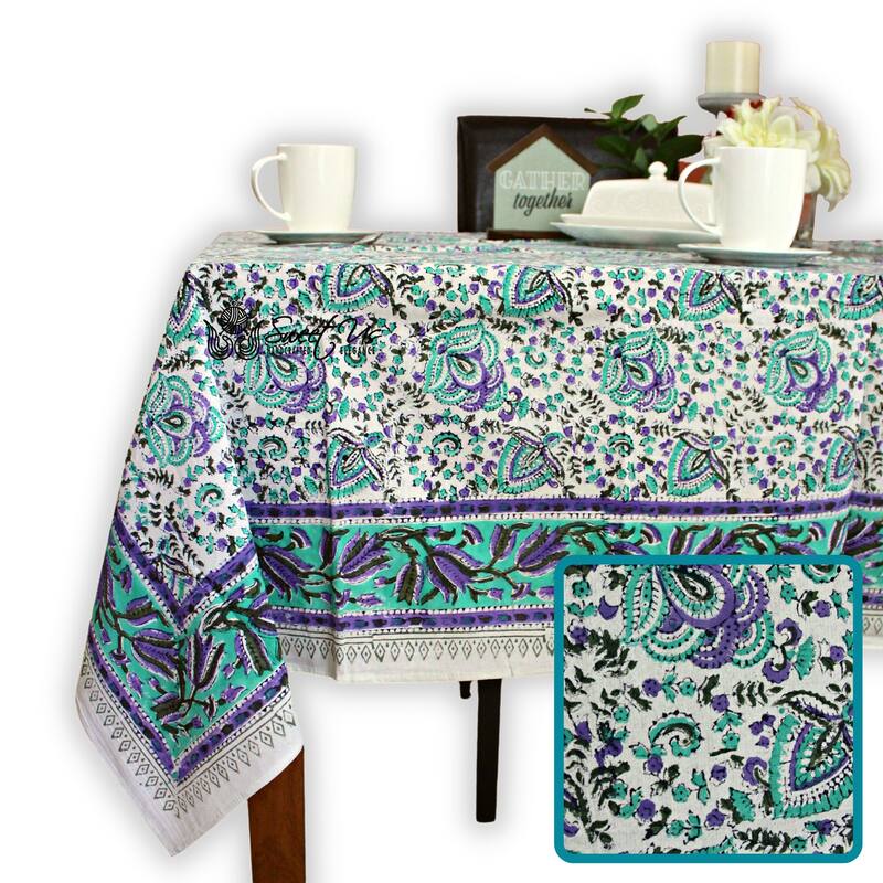 Ashlyn Handmade Cotton Floral Square Tablecloth Blue Red Green - 70 x 70 in - Ashlyn Tickled Turquoise