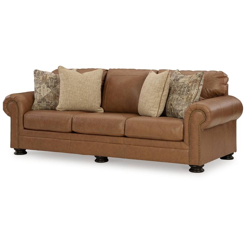 Riana 101 Inch Sofa, 4 Accent Pillows, Caramel Brown Genuine Leather