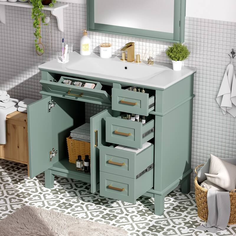 36" Modern Bathroom Vanity with Ceramic Sink - Soft-Close Door & 4 Storage Drawers - Green