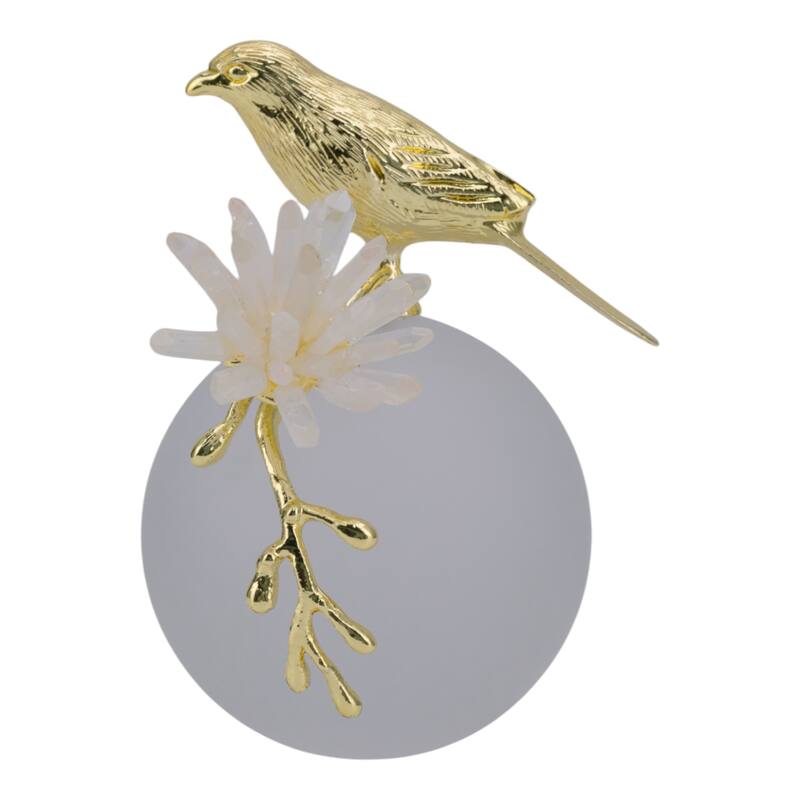 Metal Bird Statue with Crystal Sphere Base - 7", Gold & White - 7.0"