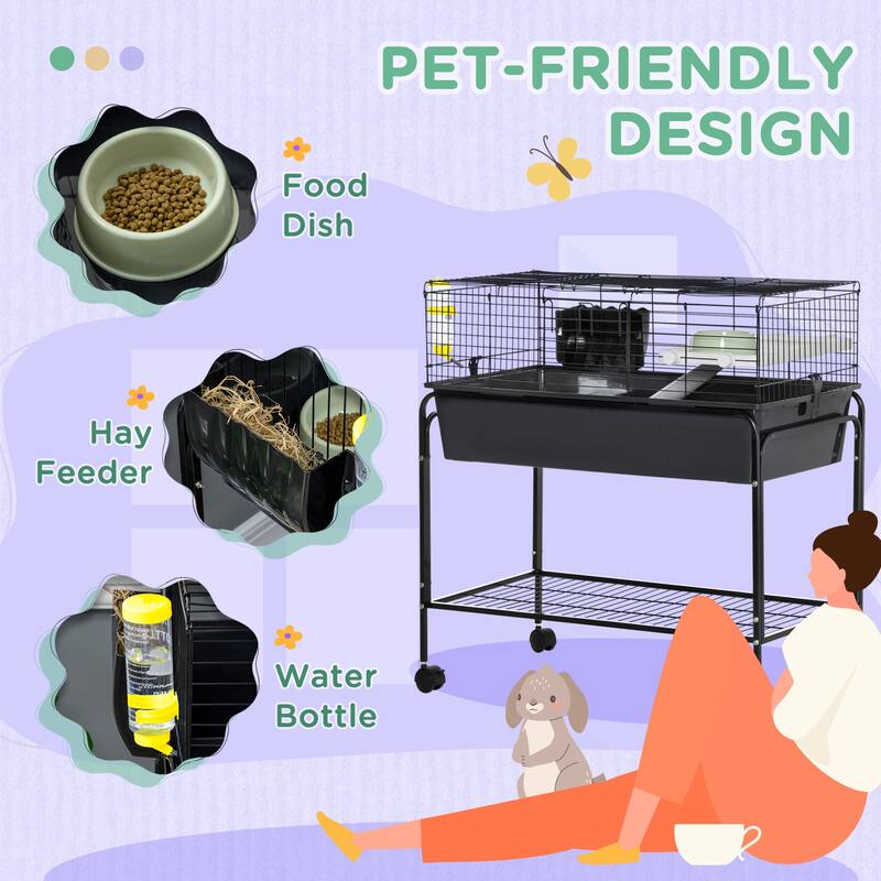Small Animal Playpen Cage with Stand, Wheels & Storage Shelf - 33" L x 18.5" W x 35.25" H