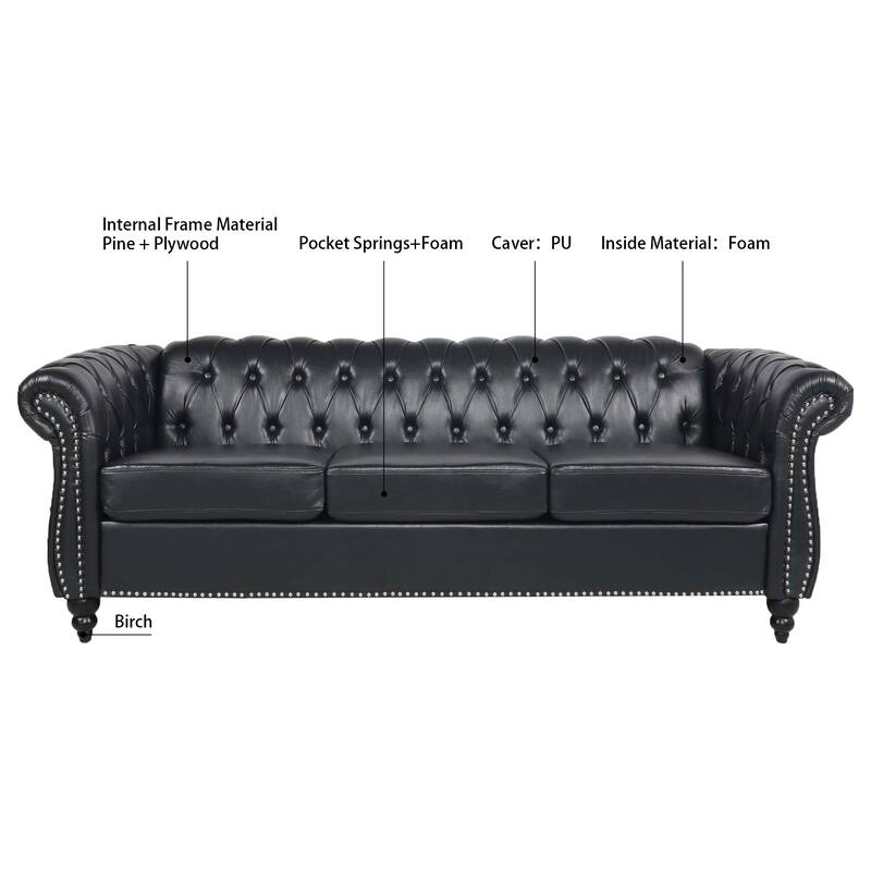 Classically Elegant 84.65" Three-Seater Rolled Arm Chesterfield Sofa in PU Leather - Sturdy Birch Legs, Soft Upholstery